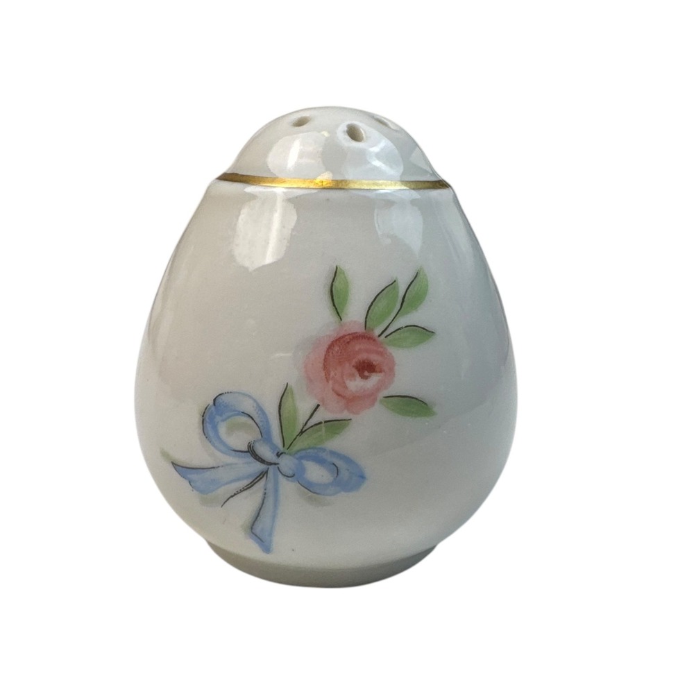 Vintage‎ Egg Shaped Salt Shaker Rose Bow Gold Rimmed Porcelain Condiment Kitchen